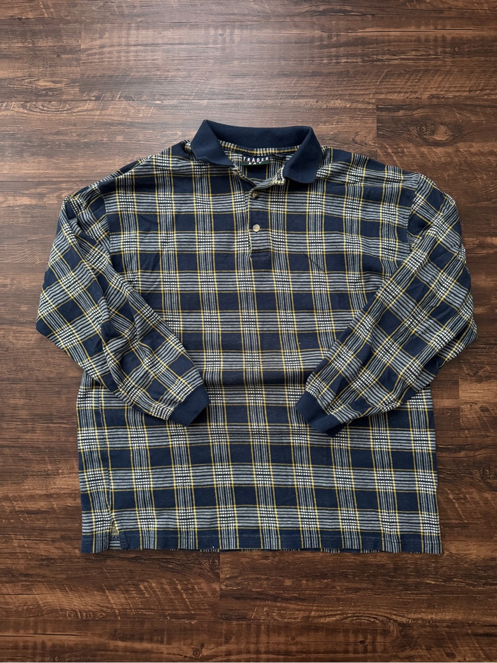 Trader Bay Plaid Long Sleeve Navy, White & Yellow Collared Polo | 100% Cotton